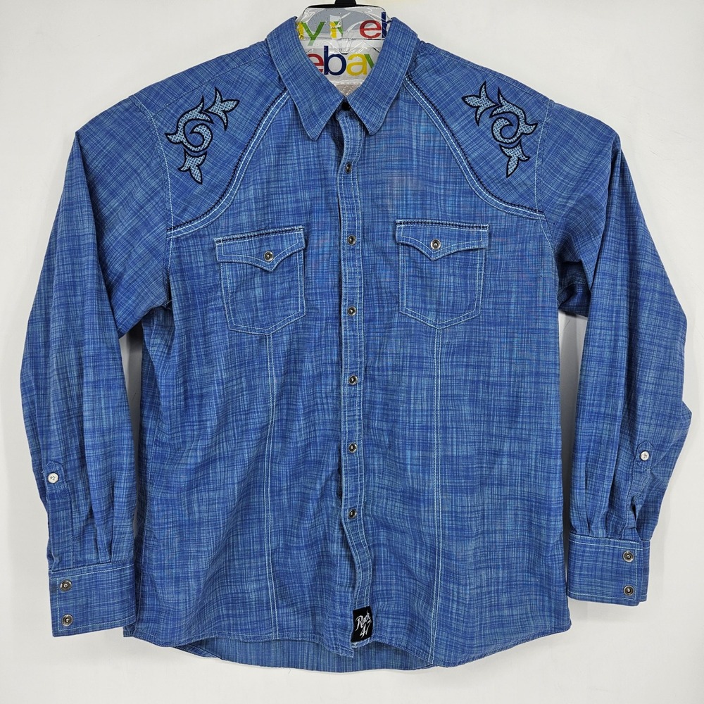 Rock 47 Shirt Mens XXL Blue Long Sleeve Western Rodeo Embroidered Snap Button
